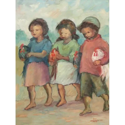 Amos Langdown painting of children playing with chickens