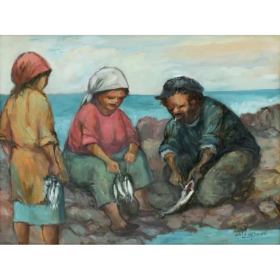 Amos Langdown painting of people cleaning fish