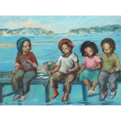 Amos Langdown painting of children catching fish
