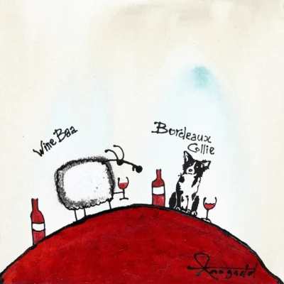 Ann Gadd painting of a sheep and a dog having wine