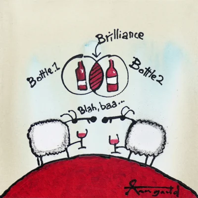 Ann Gadd painting of sheep drinking bottles of wine