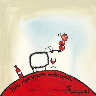 Ann Gadd painting of a sheep carrying apples on his nose while drinking wine