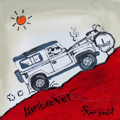 Ann Gadd painting, a sheep looking into a lambrover's engin that is overheating.