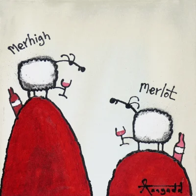 Ann Gadd painting of sheep drinking merlot and merhigh wine