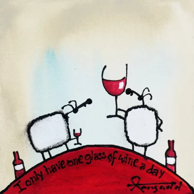 Ann Gadd painting of two sheep drinking wine