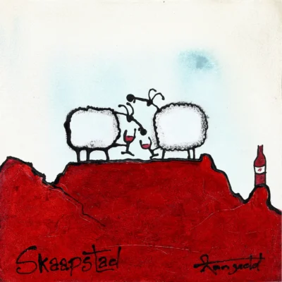 Ann Gadd painting of 2 sheep standing on table mountain drinking wine