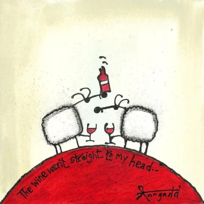 Ann Gadd painting of sheep drinking wine