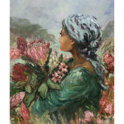 Aviva Maree painting of a woman holding pink proteas in her arms