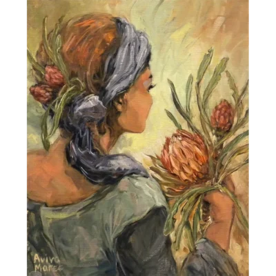 Aviva Maree painting of a woman holding proteas while looking at it
