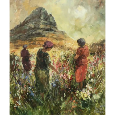 Aviva Maree painting of women standing in the field picking flowers