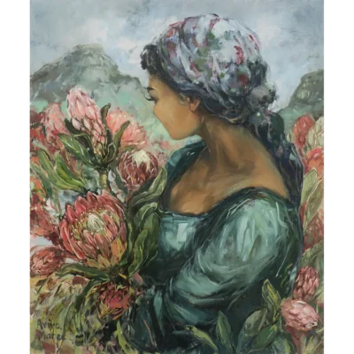 Aviva Maree painting of a woman standing between the proteas