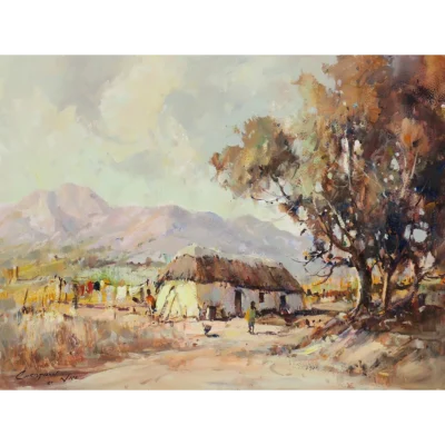Christiaan Nice painting of a rural landscape with a thatched roof cottage