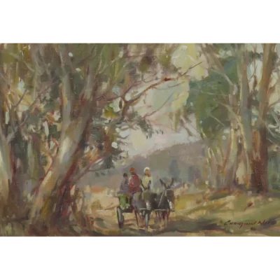 Christiaan Nice painting of people riding on a donkey cart