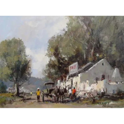Christiaan Nice painting of an farm shop with a donkey cart standing in front of the shop