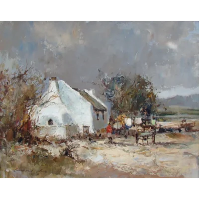 Christiaan Nice painting of a farm house with a donkey cart