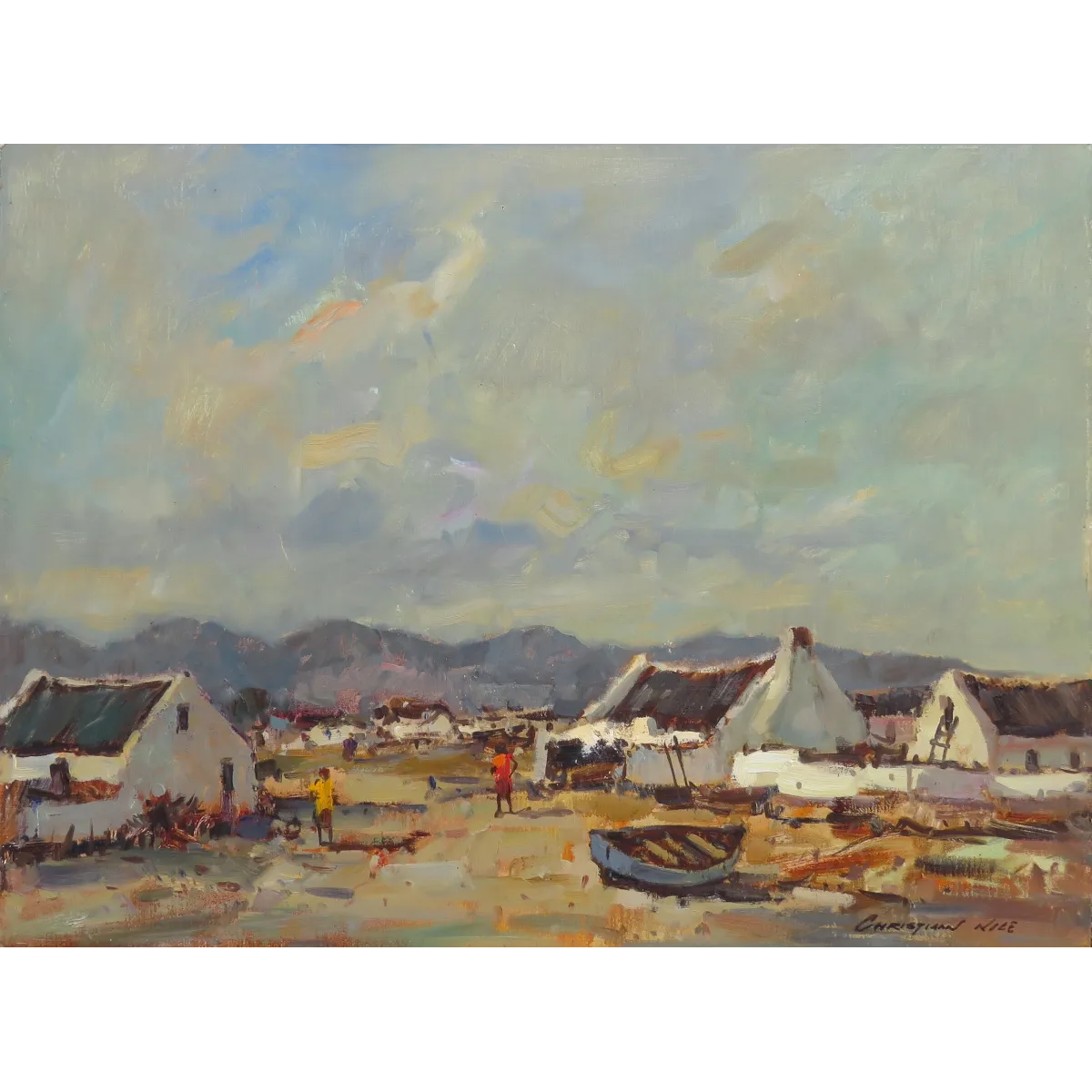Christiaan Nice painting of a landscape with fishermen's cottages