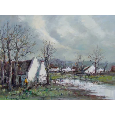 Christiaan Nice painting of a winter scene with farm cottages