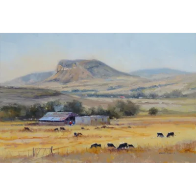 Daniel Novela painting of a farm landscape with cattle