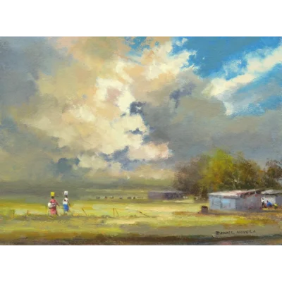 Daniel Novela painting of a farm with two women carrying water on their heads and with two babies on their backs.