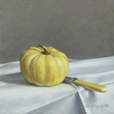 Diane McLean painting of a pumpkin and a sheffield knife