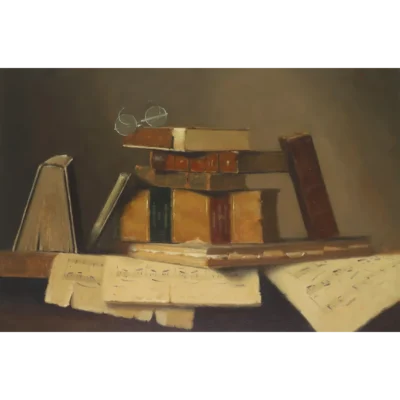 Duggie du Toit painting of still life with glasses, books and musical notes