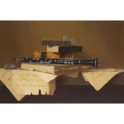 Duggie du Toit painting of a still life with books, clarinet etc.