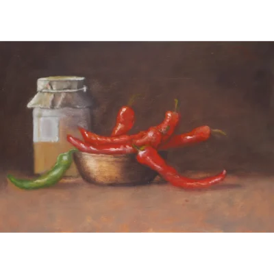Duggie du Toit painting of a still life with a bottle and chillies