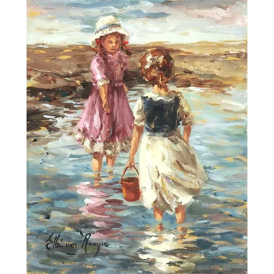 Elbe van Rooyen painting of two girls playing at the sea