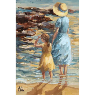 Elbé van Rooyen painting of a woman and a girl wallking along the beach with their feet in the water