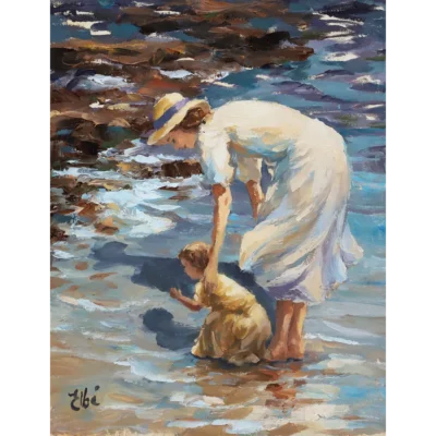 Elbé van Rooyen painting of a woman and a little girl playing in the water at the beach
