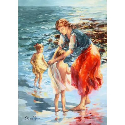 Elbe van Rooyen painting of a woman with children playing at the beach