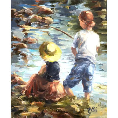Elbe van Rooyen painting of a boy and a girl busy fishing