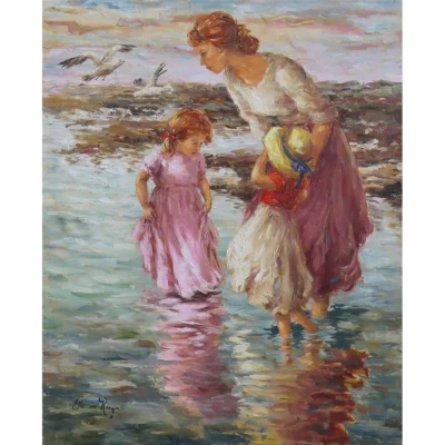 Elbe van Rooyen painting of a mother and her two daughters at the seaside