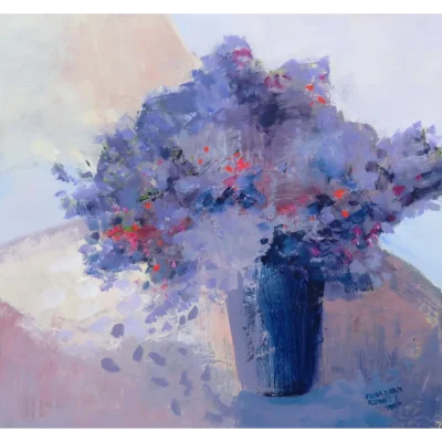 Fiona Ewan Rowett painting of a blue vase with flowers