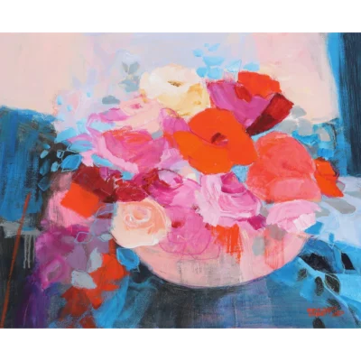 Fiona Ewan Rowett painting of a pink rose bowl