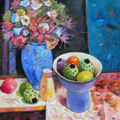 Francois Gerber painting of a still life with flowers and fruit