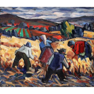 Hennie Niemann painting of couples busy harvesting
