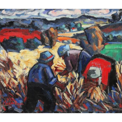 Hennie Niemann painting of harvesters working on a farm