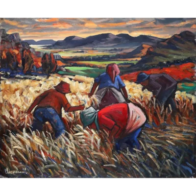 Hennie Niemann painting of workers busy harvesting