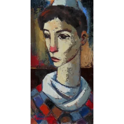 Hennie Niemann painting of a serious clown with a red nose