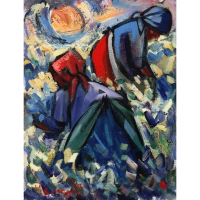 Hennie Niemann painting of two woman busy harvesting