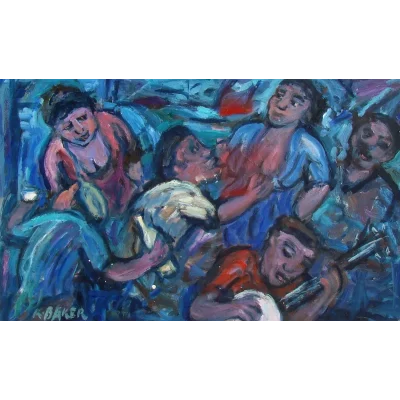 Kenneth Baker painting of people having fun at the pub