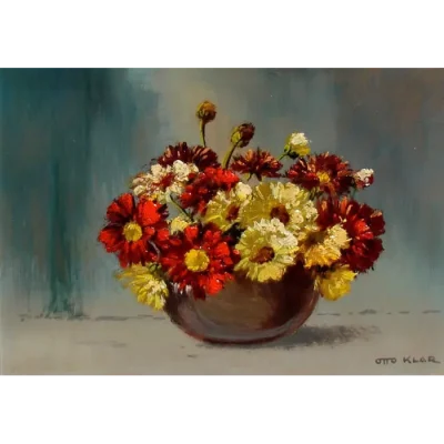 Otto Klar painting of a brown bowl with red and yellow flowers