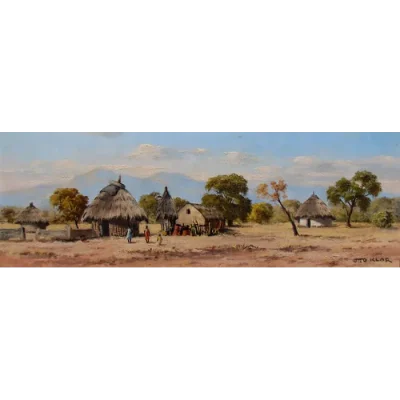 Otto Klar painting of a landscape with xhosa huts and people