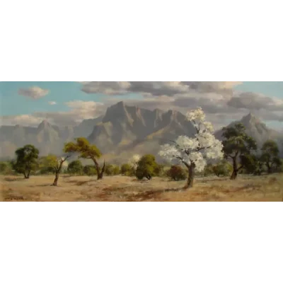 Otto Klar painting of a landscape with mountains and a tree with white flowers