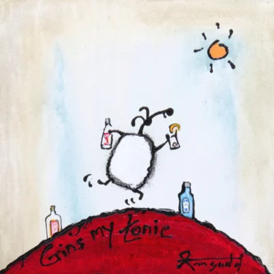 Ann Gadd painting,of a sheep hitting a hole in one