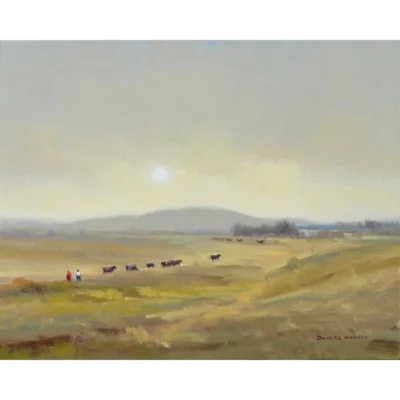 Daniel Novela painting of a landscape with cattle in the background