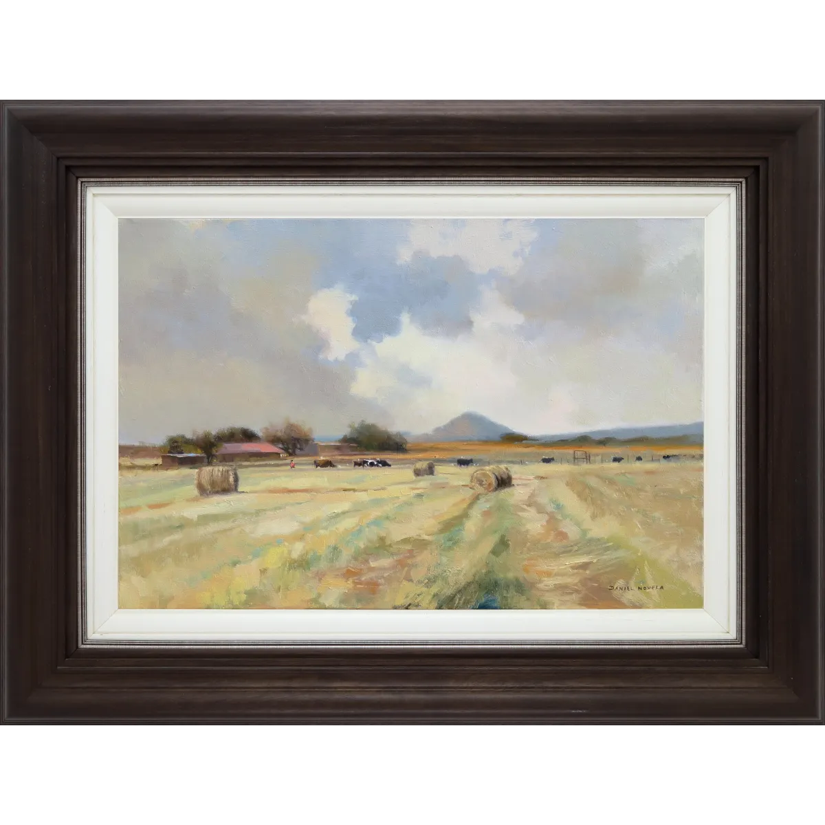 Daniel Novela painting of a landscape with a cottage, cows and bales