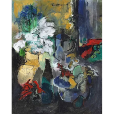 Eben van der Merwe painting of a vase with white flowers