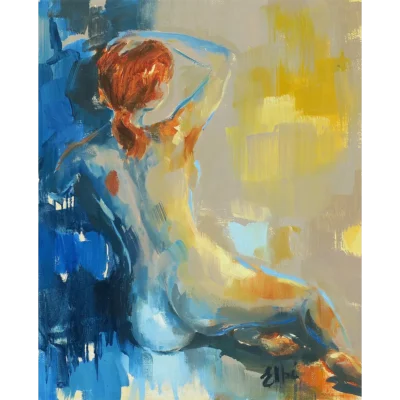 Elbé van Rooyen painting of a nude woman sitting with her back towards you